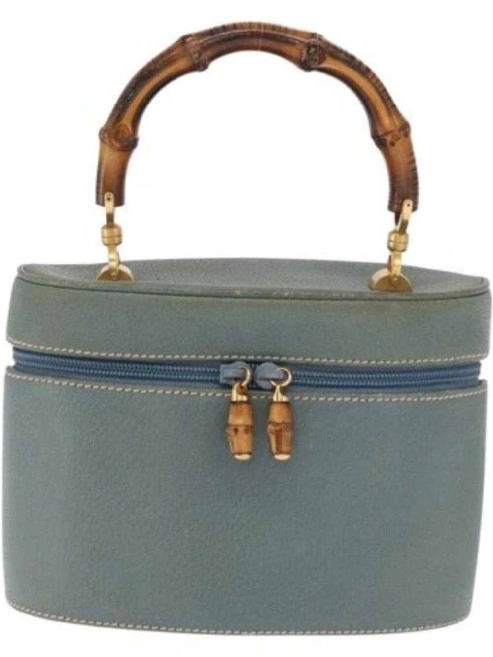 GUCCI Bamboo Vanity Cosmetic Pouch Leather Blue Gold 000 984 0232 Auth 169467 - Picture 2 of 16